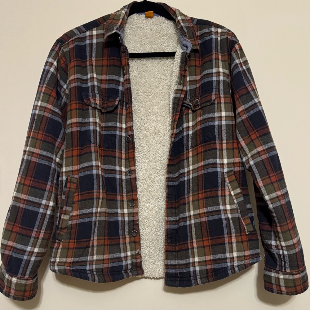 Plaid Fleece-Lined Shirt Jacket in Brown and Cream